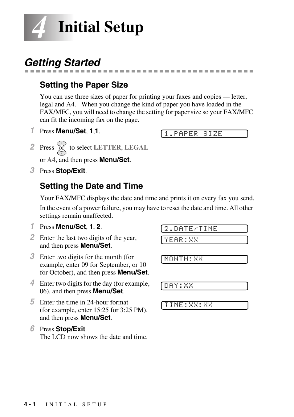 Initial setup, Getting started, Setting the paper size | Setting the date and time, Initial setup -1, Getting started -1 | Brother FAX-3800 User Manual | Page 50 / 150