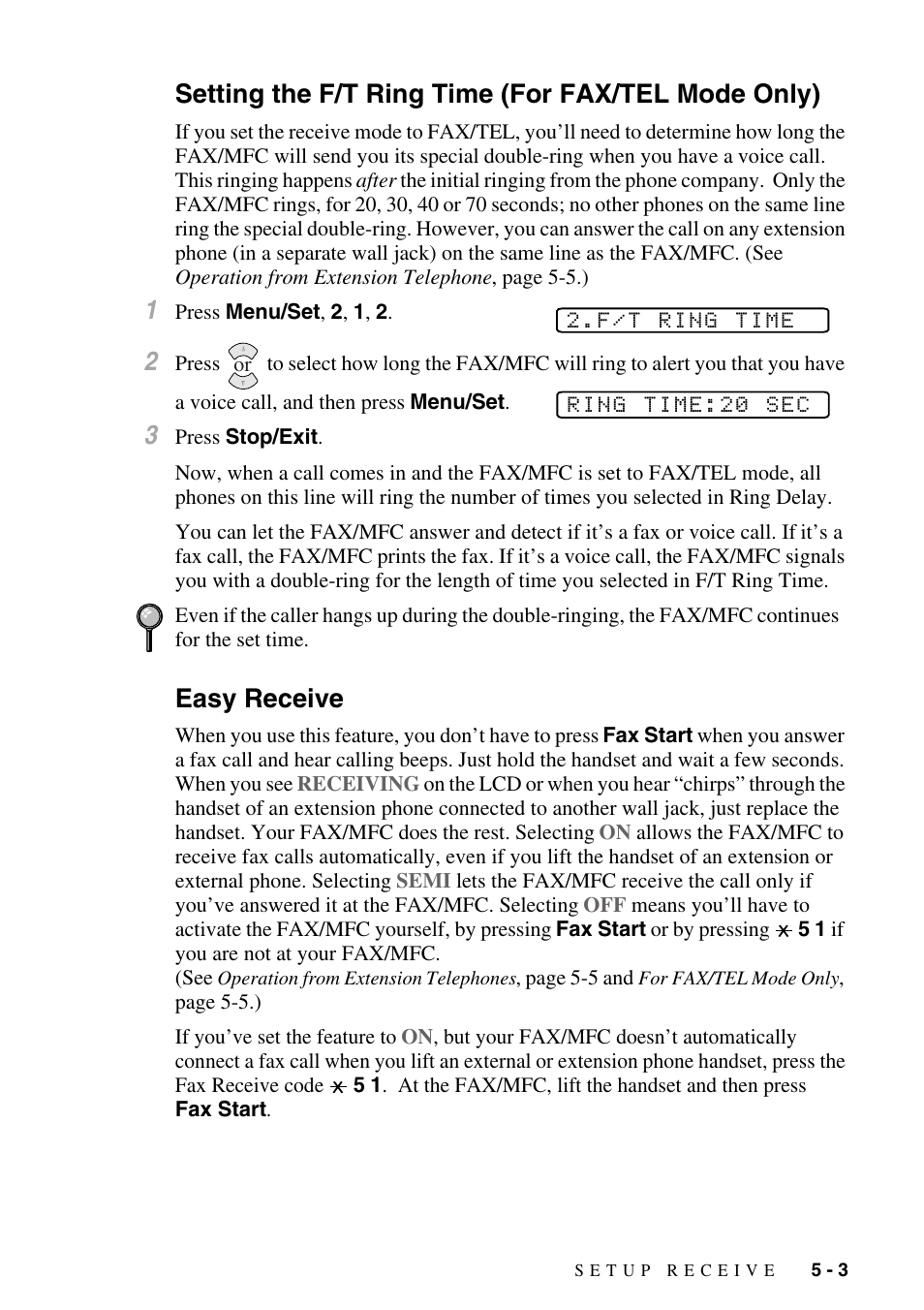 Setting the f/t ring time (for fax/tel mode only), Easy receive | Brother FAX-3800 User Manual | Page 59 / 150