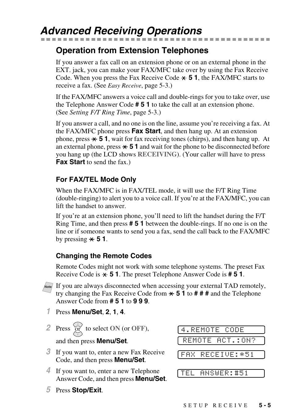 Advanced receiving operations, Operation from extension telephones, For fax/tel mode only | Changing the remote codes, Advanced receiving operations -5, Operation from extension telephones -5 | Brother FAX-3800 User Manual | Page 61 / 150