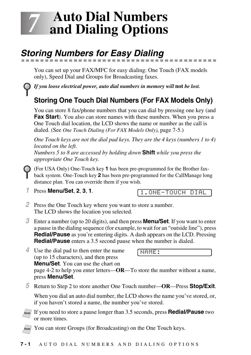 Auto dial numbers and dialing options, Storing numbers for easy dialing, Auto dial numbers and dialing options -1 | Storing numbers for easy dialing -1 | Brother FAX-3800 User Manual | Page 74 / 150