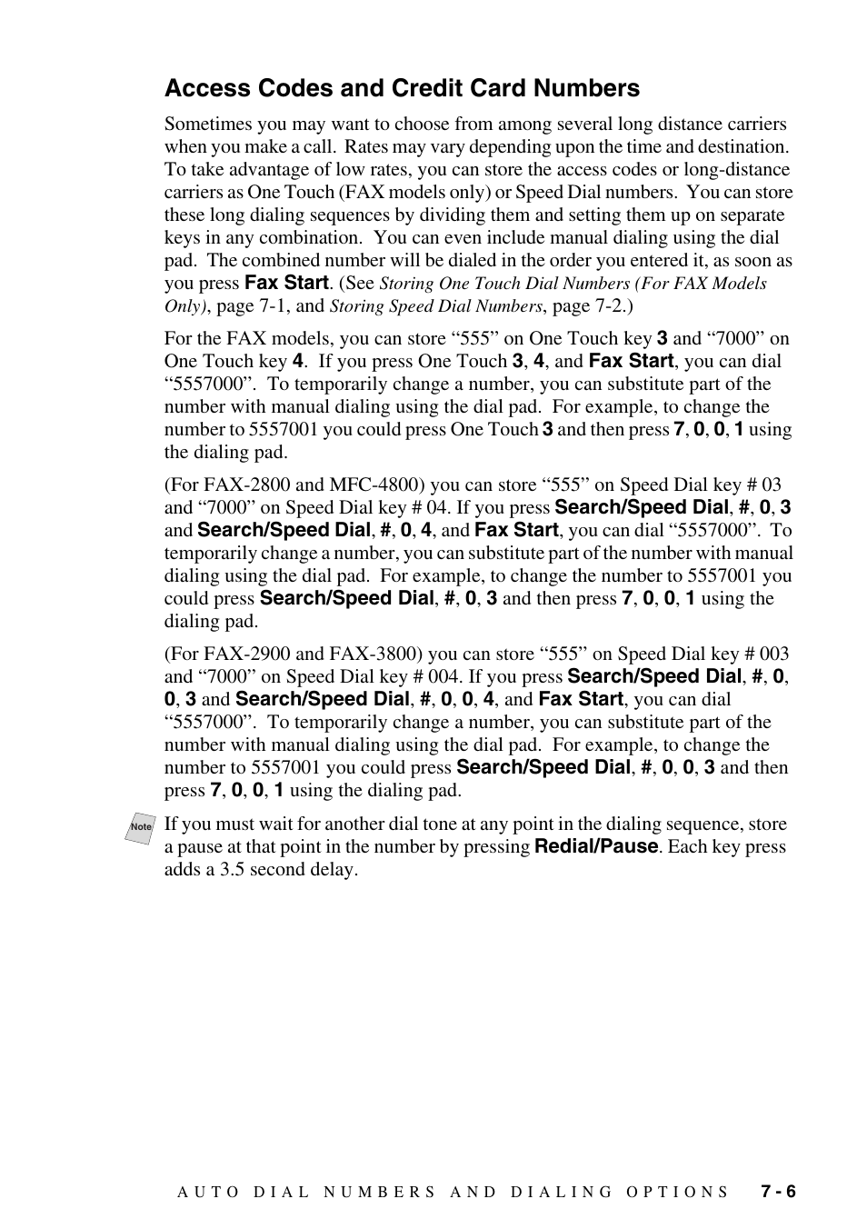 Access codes and credit card numbers, Access codes and credit card numbers -6 | Brother FAX-3800 User Manual | Page 79 / 150