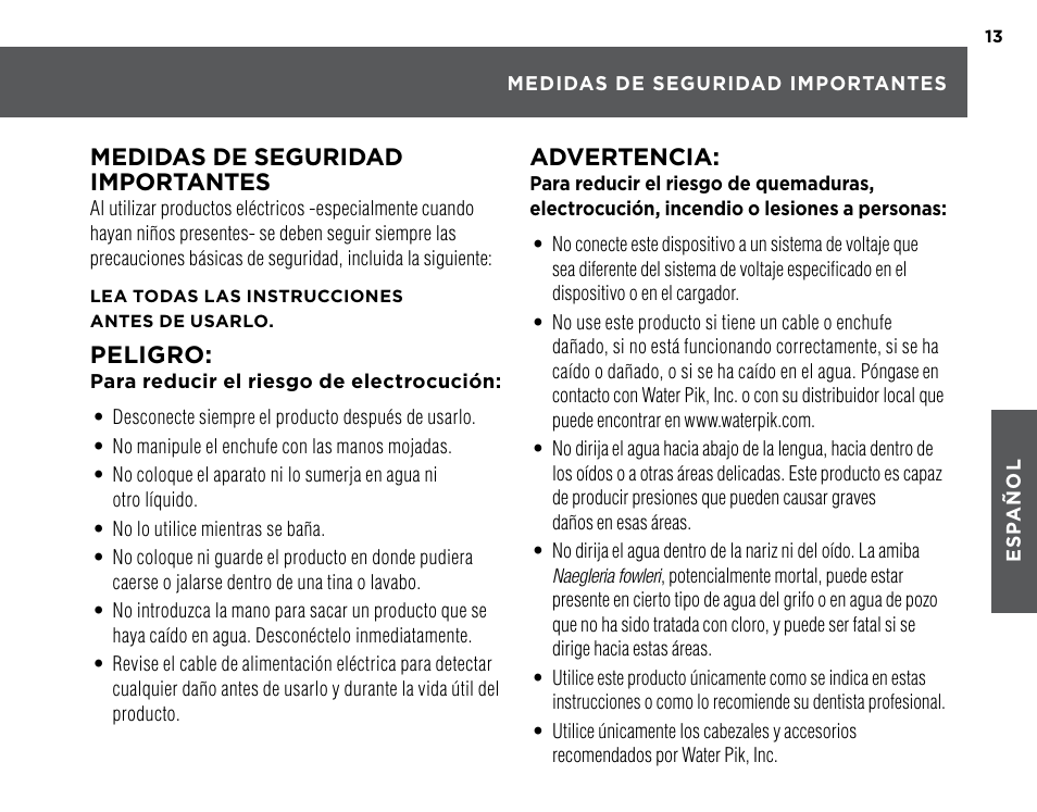 Medidas de seguridad importantes, Peligro, Advertencia | Waterpik WP-260 Owners Manual User Manual | Page 13 / 24