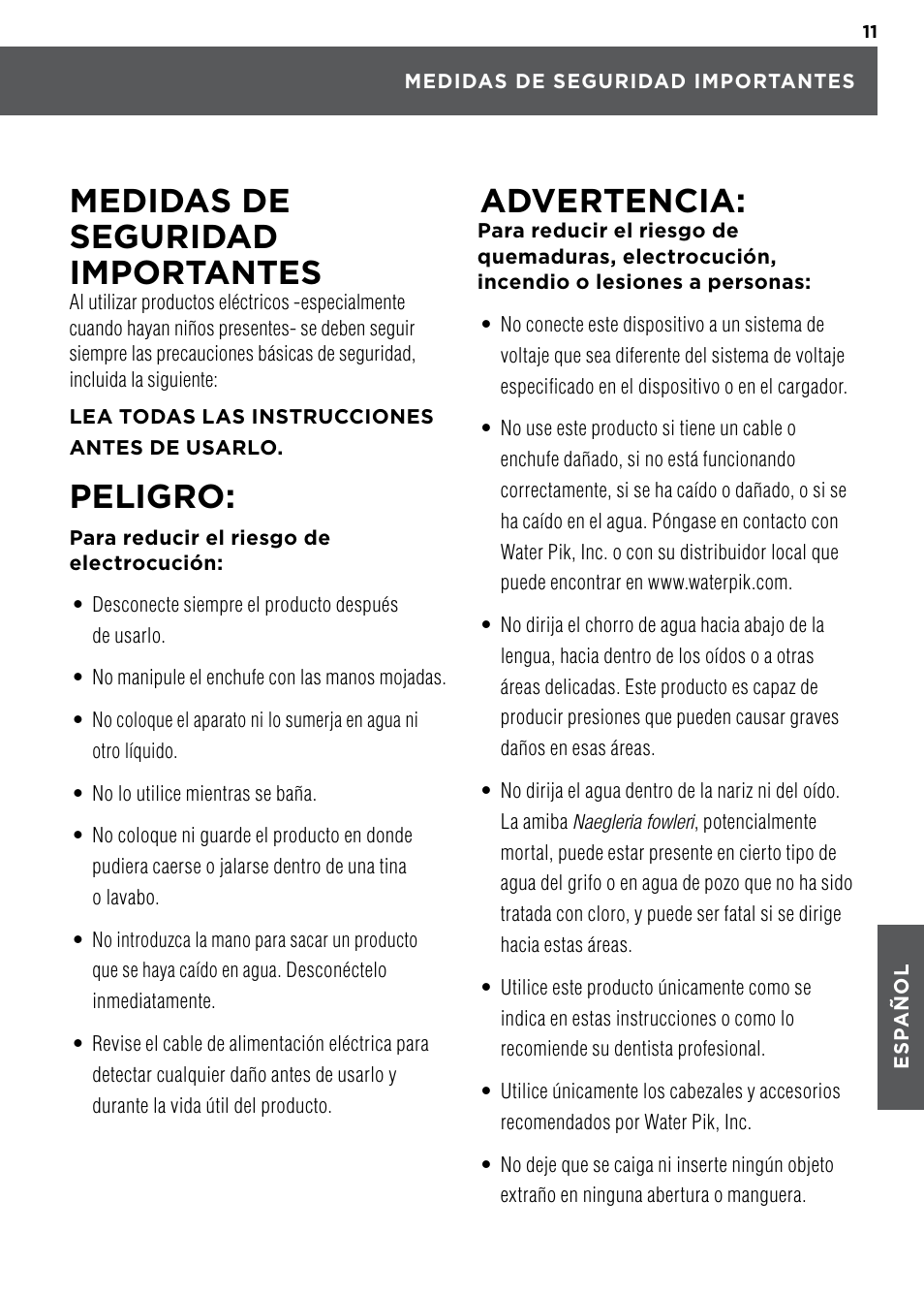 Medidas de seguridad importantes, Peligro, Advertencia | Waterpik WP-100 Owners Manual User Manual | Page 11 / 19