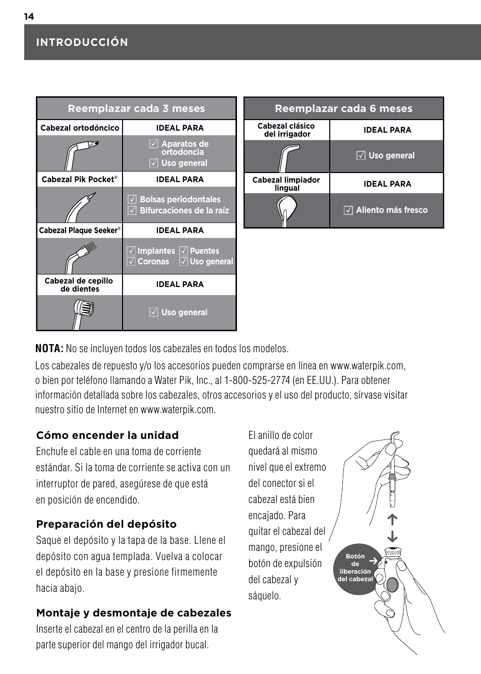 Reemplazar cada 3 meses, Reemplazar cada 6 meses | Waterpik WP-100 Owners Manual User Manual | Page 14 / 19