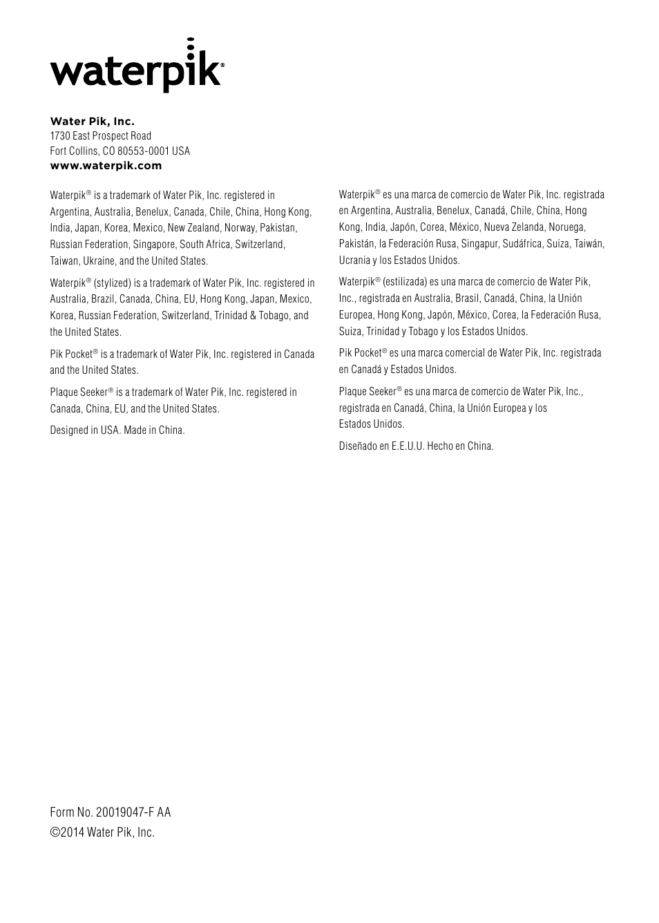 Waterpik WP-100 Owners Manual User Manual | Page 19 / 19