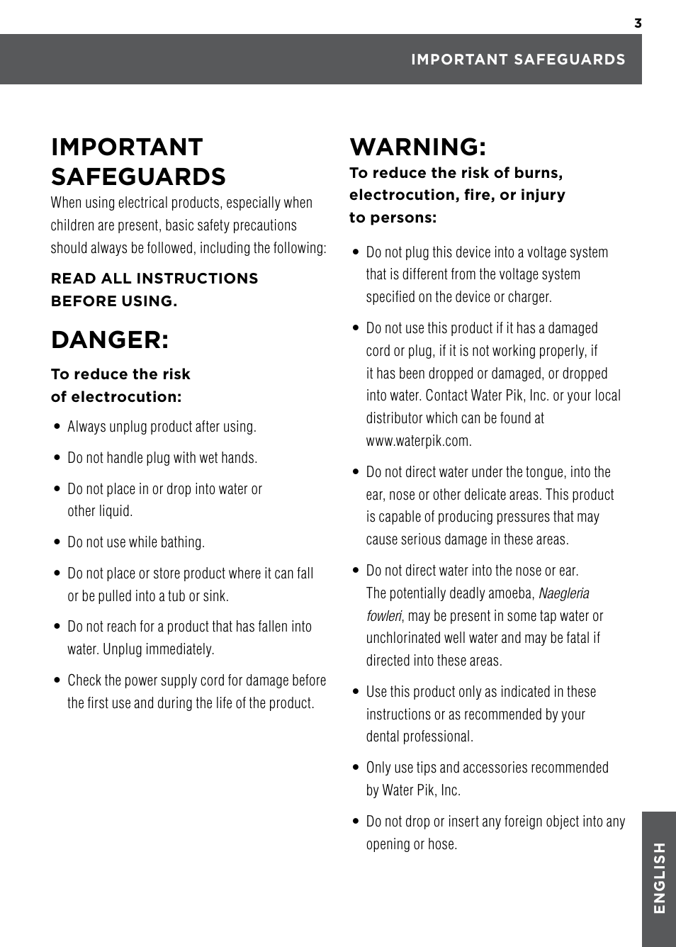 Important safeguards, Danger, Warning | Waterpik WP-100 Owners Manual User Manual | Page 3 / 19