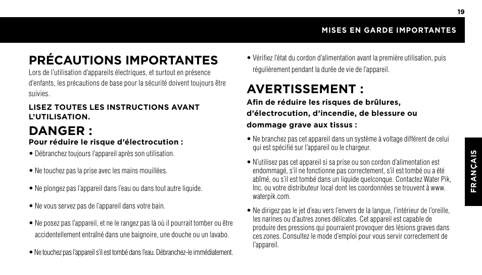 Précautions importantes, Danger, Avertissement | Waterpik WP-60 Owners Manual User Manual | Page 19 / 45