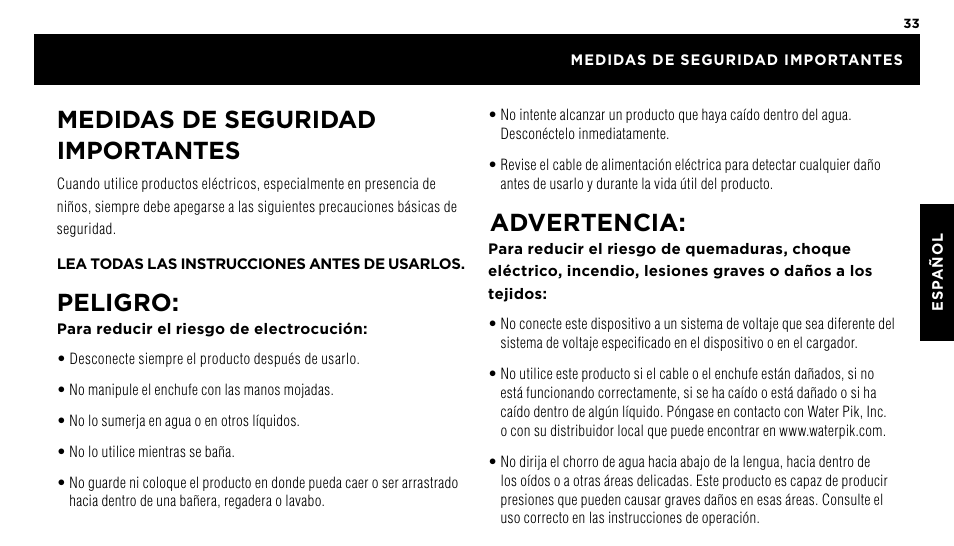 Medidas de seguridad importantes, Peligro, Advertencia | Waterpik WP-60 Owners Manual User Manual | Page 33 / 45