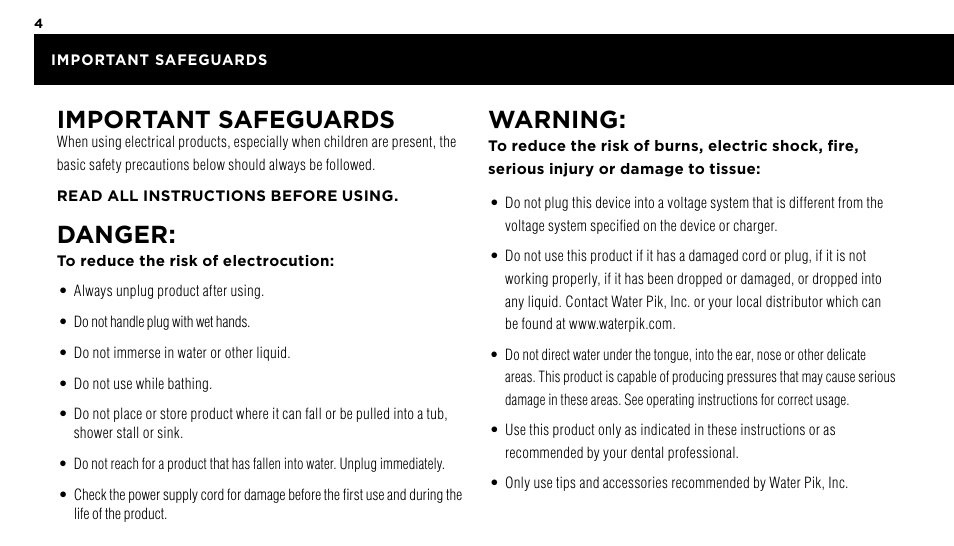 Important safeguards, Danger, Warning | Waterpik WP-60 Owners Manual User Manual | Page 4 / 45