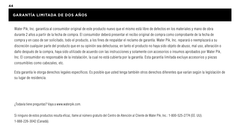 Waterpik WP-60 Owners Manual User Manual | Page 44 / 45