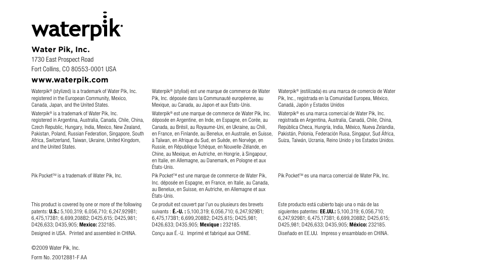 Water pik, inc | Waterpik WP-60 Owners Manual User Manual | Page 45 / 45