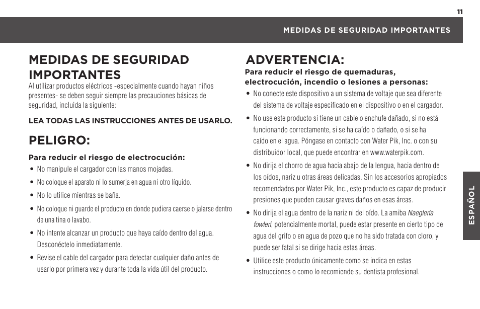 Medidas de seguridad importantes, Peligro, Advertencia | Waterpik WP-450 Owners Manual User Manual | Page 11 / 20