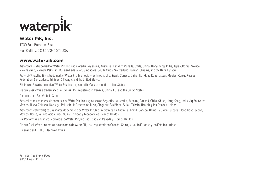 Water pik, inc | Waterpik WP-450 Owners Manual User Manual | Page 20 / 20