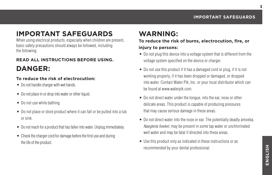 Important safeguards, Danger, Warning | Waterpik WP-450 Owners Manual User Manual | Page 3 / 20