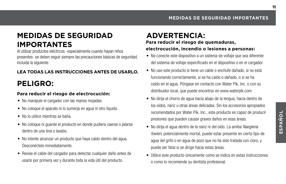 Medidas de seguridad importantes, Peligro, Advertencia | Waterpik WP-360 Owners Manual User Manual | Page 11 / 20