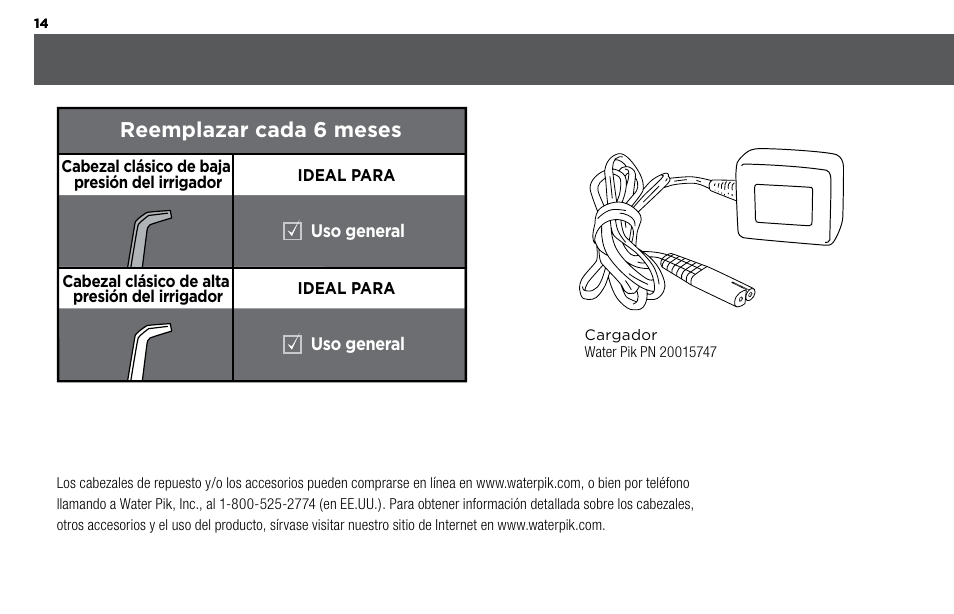 Reemplazar cada 6 meses | Waterpik WP-360 Owners Manual User Manual | Page 14 / 20