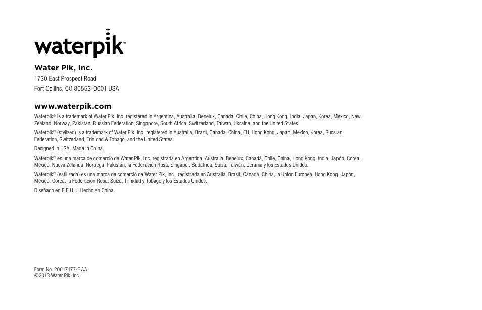 Water pik, inc | Waterpik WP-360 Owners Manual User Manual | Page 20 / 20