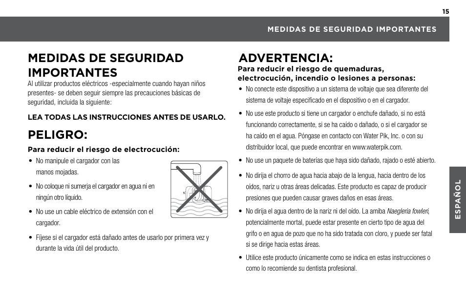 Medidas de seguridad importantes, Peligro, Advertencia | Waterpik WP-480 Owners Manual User Manual | Page 15 / 28