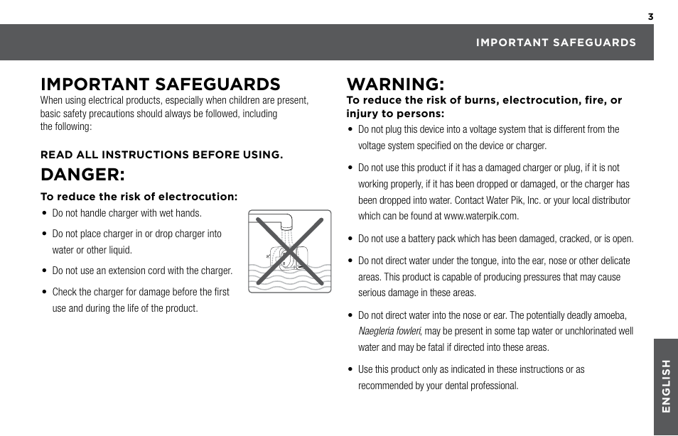 Important safeguards, Danger, Warning | Waterpik WP-480 Owners Manual User Manual | Page 3 / 28