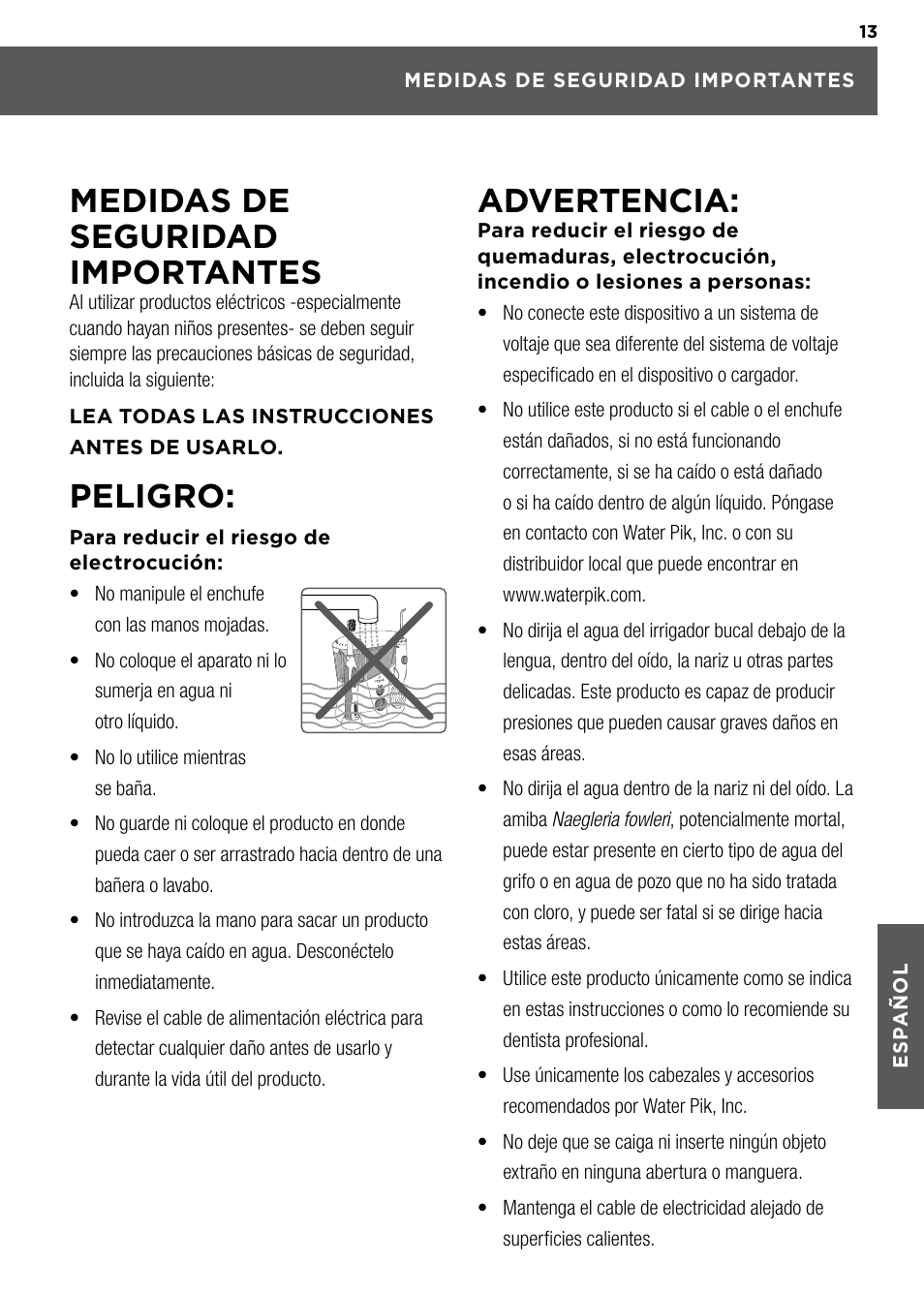 Medidas de seguridad importantes, Peligro, Advertencia | Waterpik WP-900 Owners Manual User Manual | Page 13 / 24