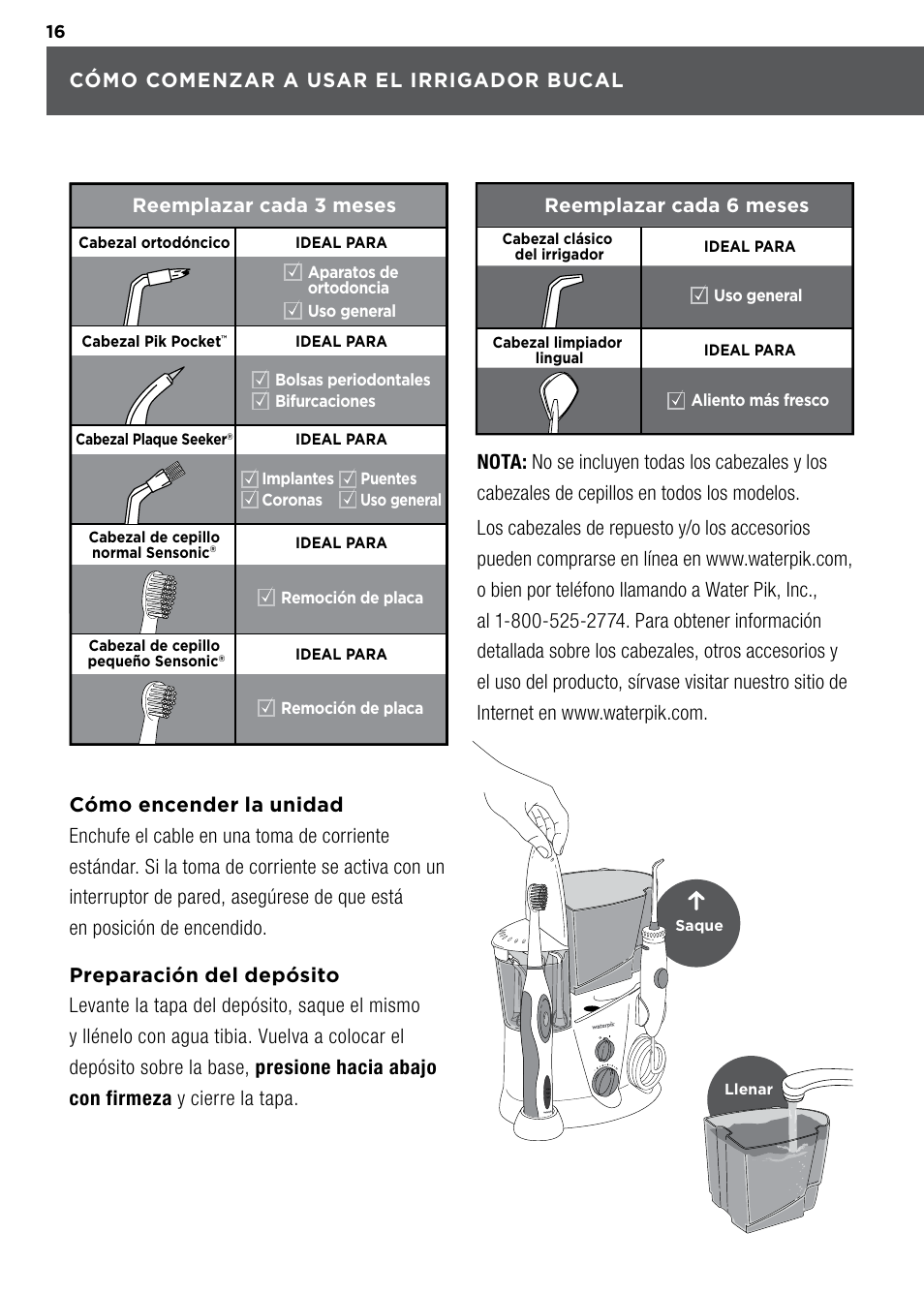 Cómo comenzar a usar el irrigador bucal | Waterpik WP-900 Owners Manual User Manual | Page 16 / 24