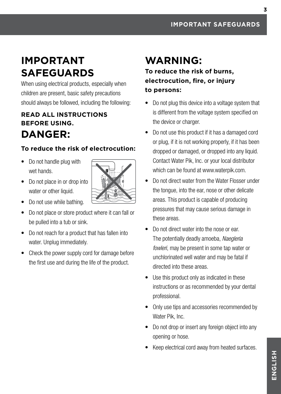 Important safeguards, Danger, Warning | Waterpik WP-900 Owners Manual User Manual | Page 3 / 24