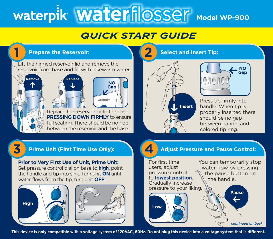 Waterpik WP-900 Quick Start User Manual | 2 pages