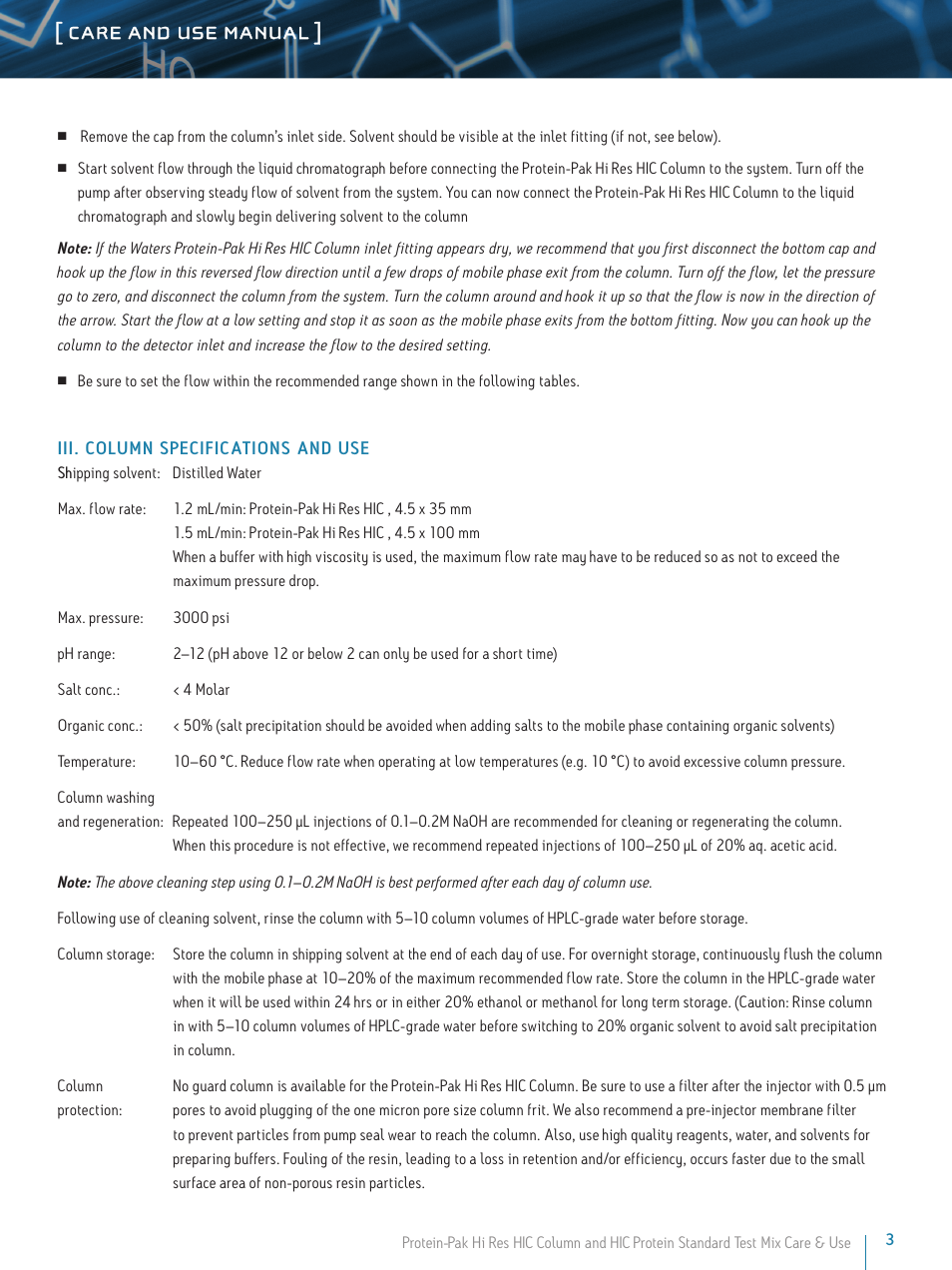 Care and use manual | Waters Protein-Pak Hi Res HIC Column and HIC Protein Standard User Manual | Page 3 / 5