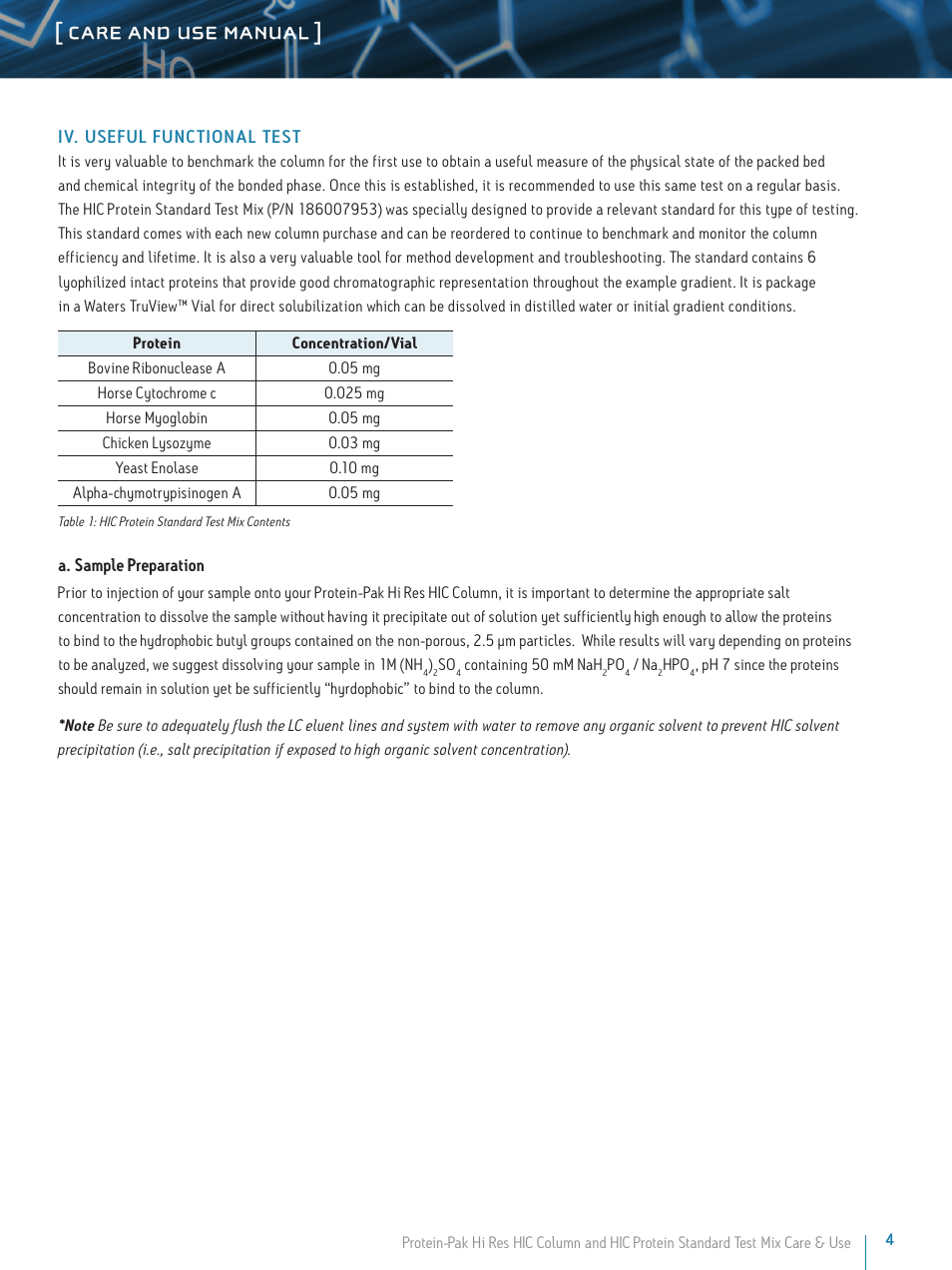 Care and use manual | Waters Protein-Pak Hi Res HIC Column and HIC Protein Standard User Manual | Page 4 / 5