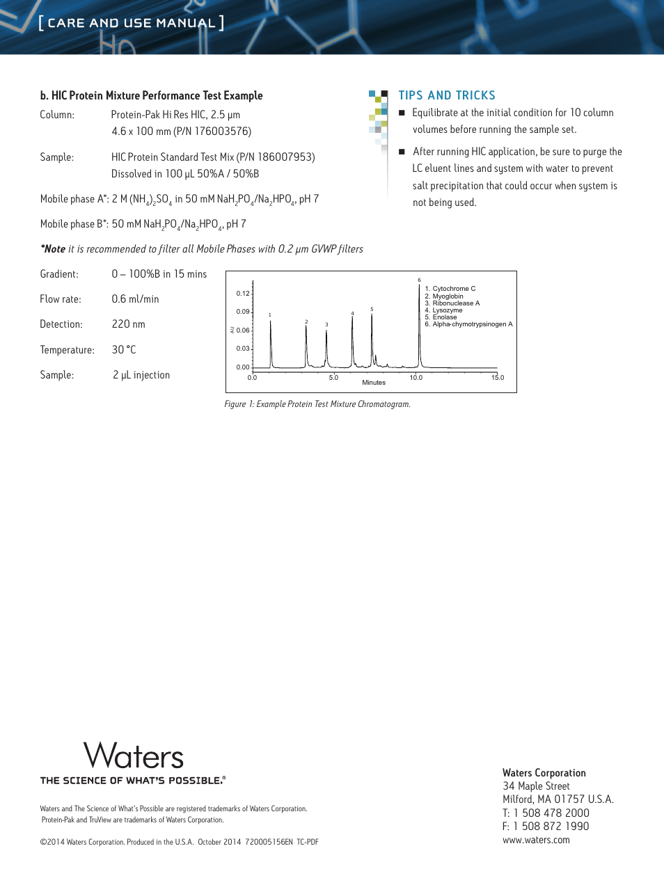 Care and use manual, B. hic protein mixture performance test example, Tips and t ricks | Ph 7 mobile phase b*: 50 mm nah | Waters Protein-Pak Hi Res HIC Column and HIC Protein Standard User Manual | Page 5 / 5
