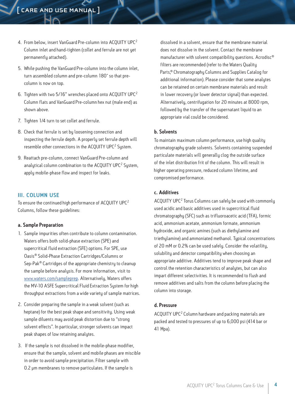 Care and use manual | Waters ACQUITY UPC2 Torus Columns User Manual | Page 4 / 8