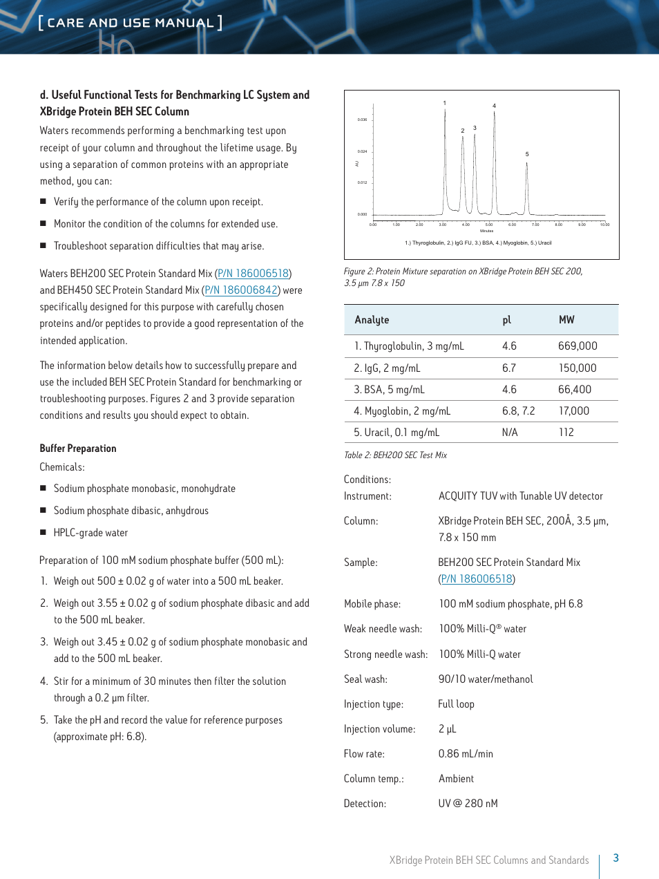 Care and use manual | Waters XBridge Protein BEH SEC Columns and Standards User Manual | Page 3 / 6