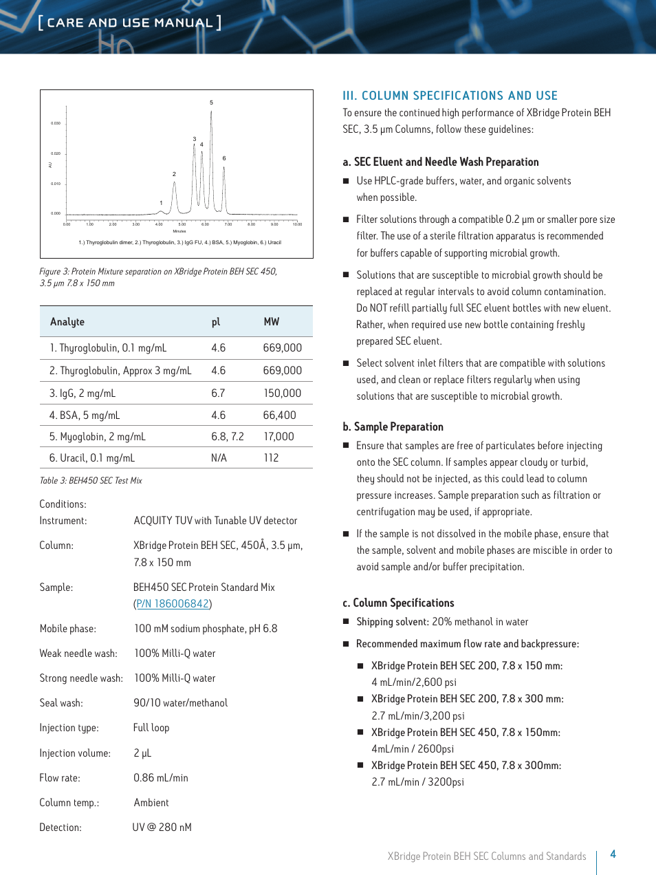 Care and use manual, Iii. column specifications and use, A. sec eluent and needle wash preparation | B. sample preparation, C. column specifications | Waters XBridge Protein BEH SEC Columns and Standards User Manual | Page 4 / 6