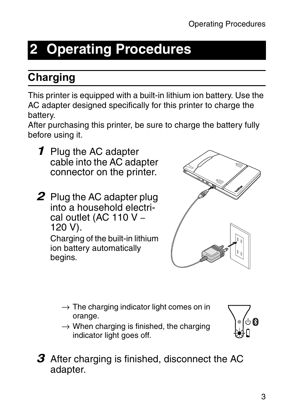 2 operating procedures, Charging | Brother MOBILE PRINTER MW-140BT User Manual | Page 18 / 86