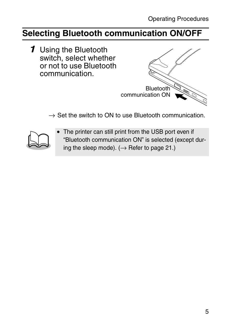 Selecting bluetooth communication on/off | Brother MOBILE PRINTER MW-140BT User Manual | Page 20 / 86