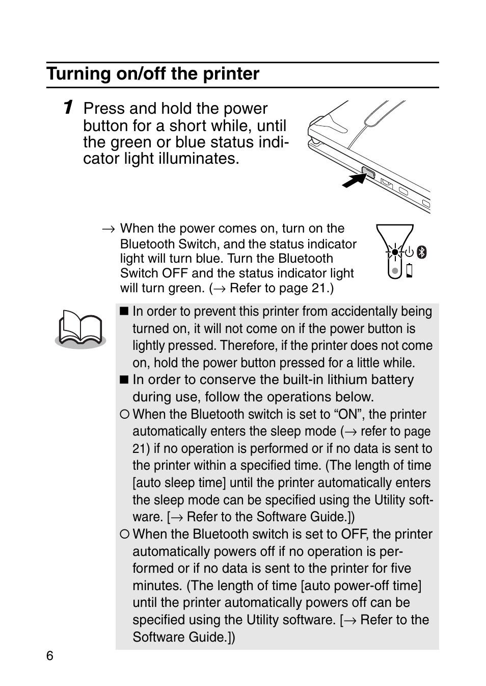 Turning on/off the printer | Brother MOBILE PRINTER MW-140BT User Manual | Page 21 / 86