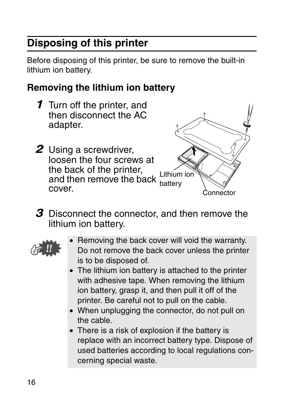Disposing of this printer | Brother MOBILE PRINTER MW-140BT User Manual | Page 31 / 86
