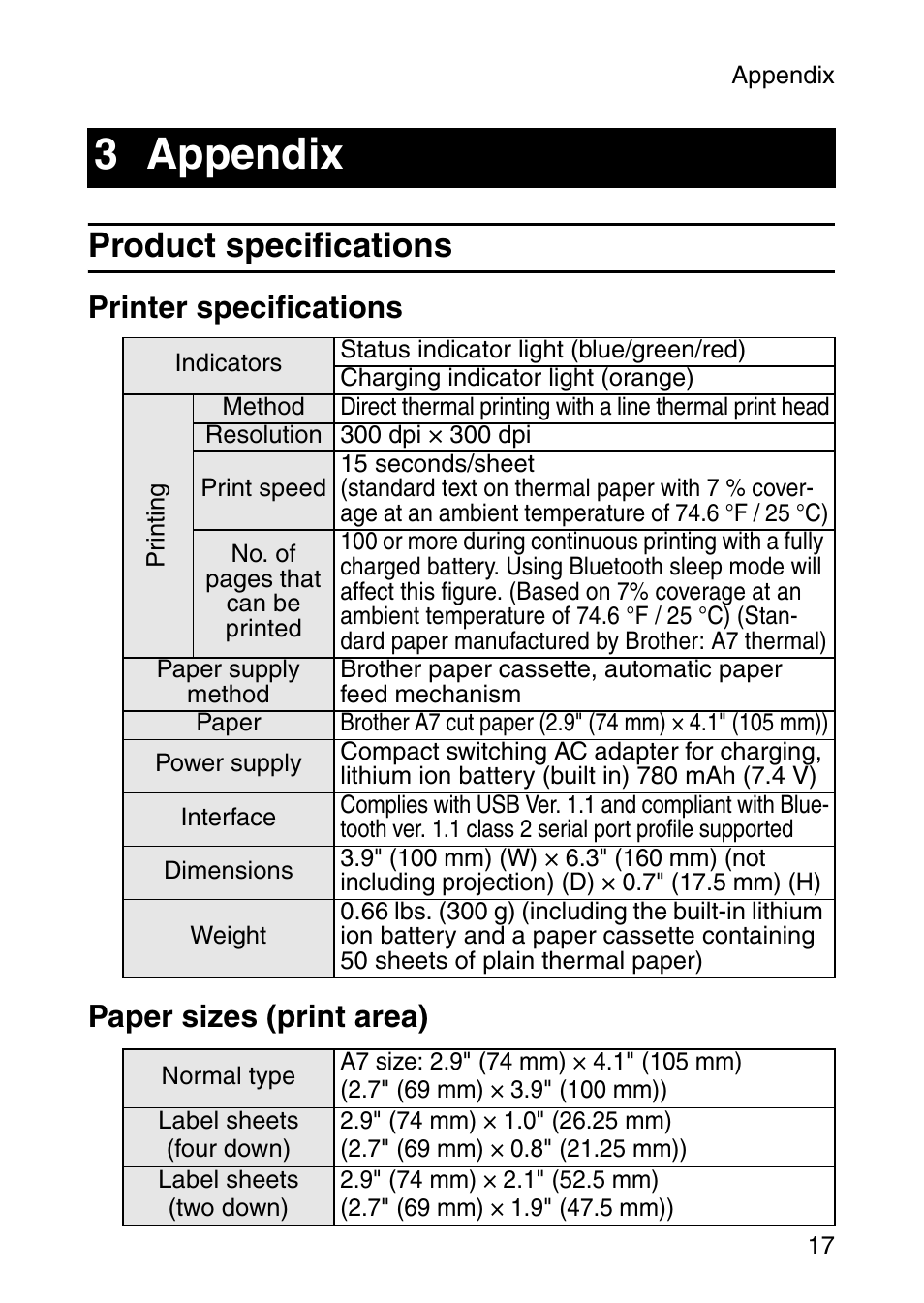 3 appendix, Product specifications, Printer specifications paper sizes (print area) | Brother MOBILE PRINTER MW-140BT User Manual | Page 32 / 86