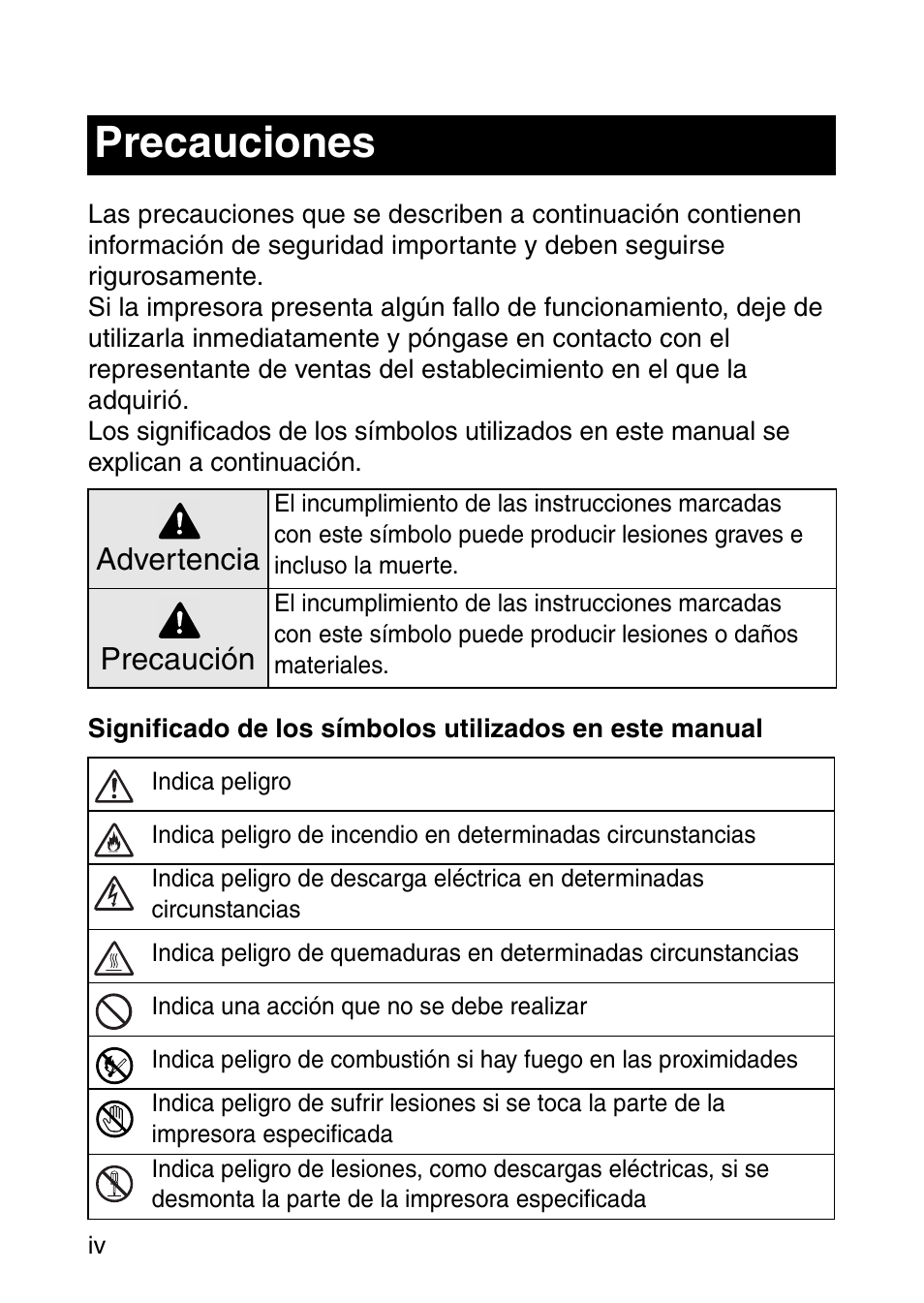 Precauciones, Advertencia, Precaución | Brother MOBILE PRINTER MW-140BT User Manual | Page 48 / 86