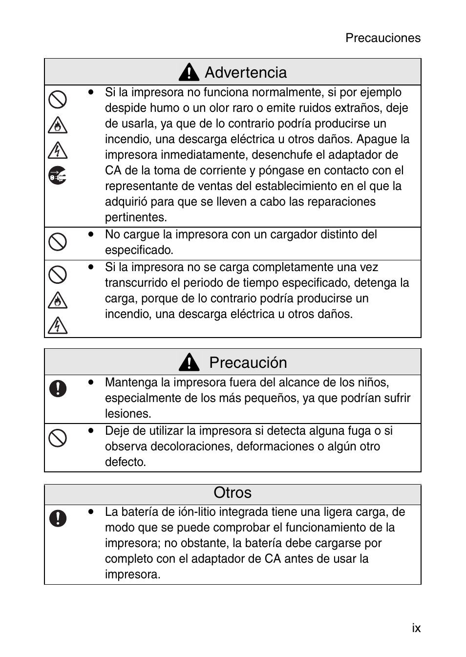 Precaución, Otros, Advertencia | Brother MOBILE PRINTER MW-140BT User Manual | Page 53 / 86