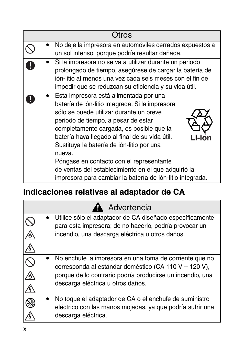 Indicaciones relativas al adaptador de ca, Advertencia, Otros | Brother MOBILE PRINTER MW-140BT User Manual | Page 54 / 86