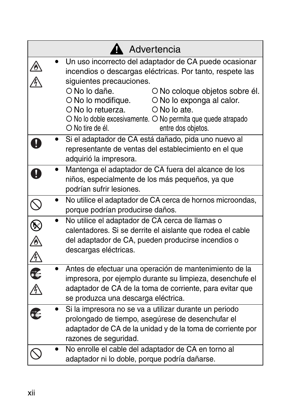 Advertencia | Brother MOBILE PRINTER MW-140BT User Manual | Page 56 / 86