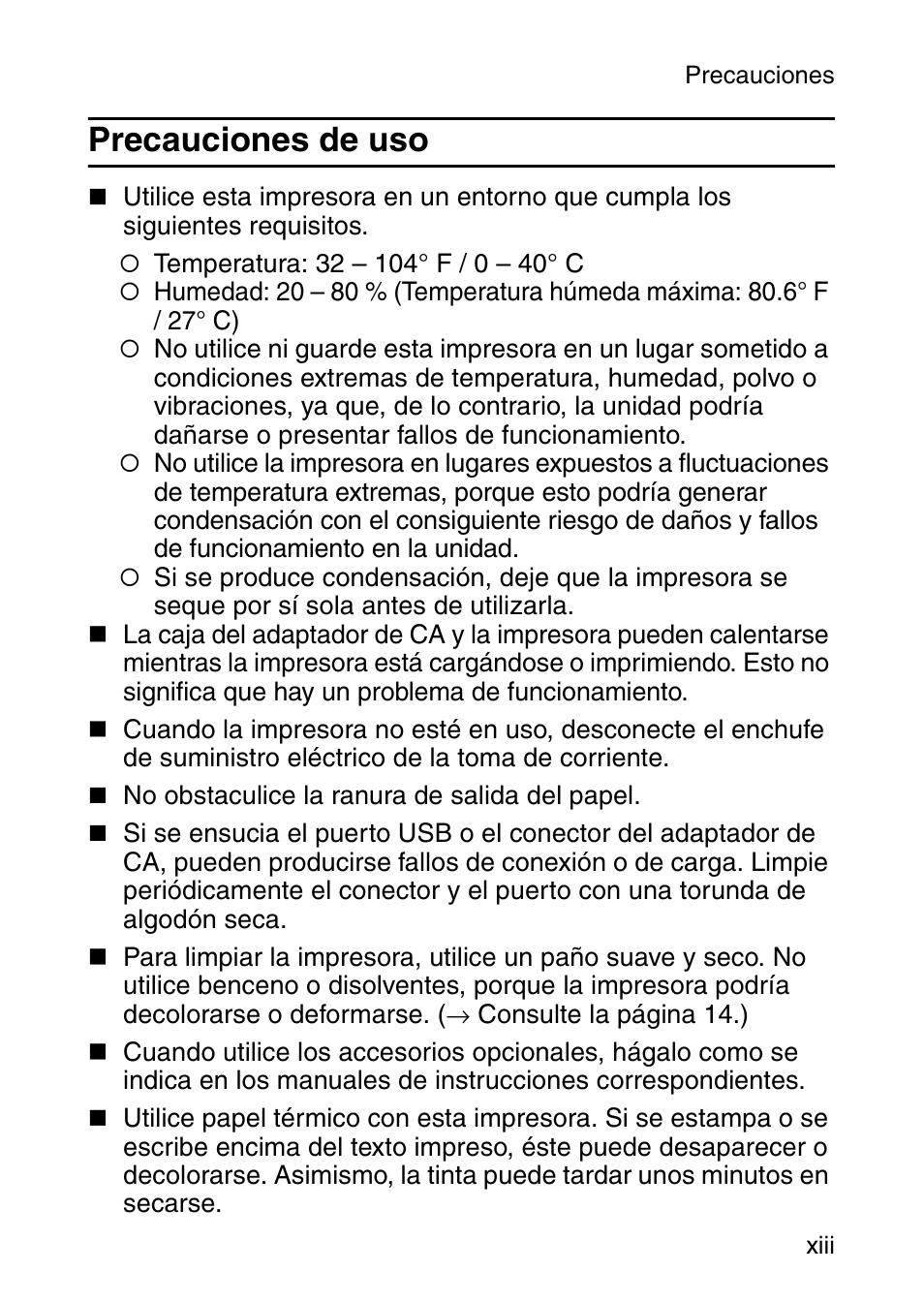 Precauciones de uso | Brother MOBILE PRINTER MW-140BT User Manual | Page 57 / 86