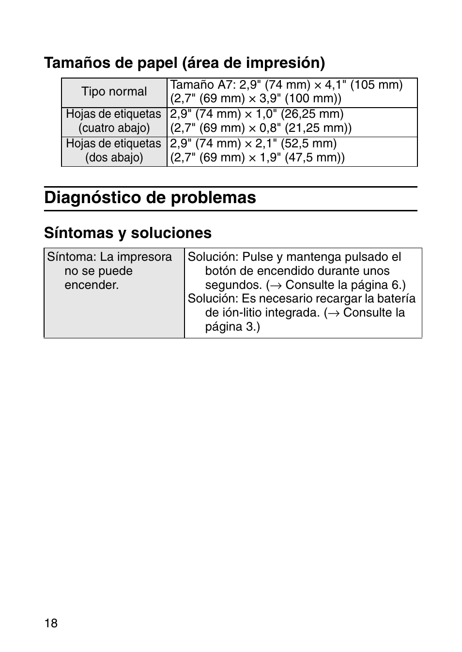 Diagnóstico de problemas, Tamaños de papel (área de impresión), Síntomas y soluciones | Brother MOBILE PRINTER MW-140BT User Manual | Page 78 / 86
