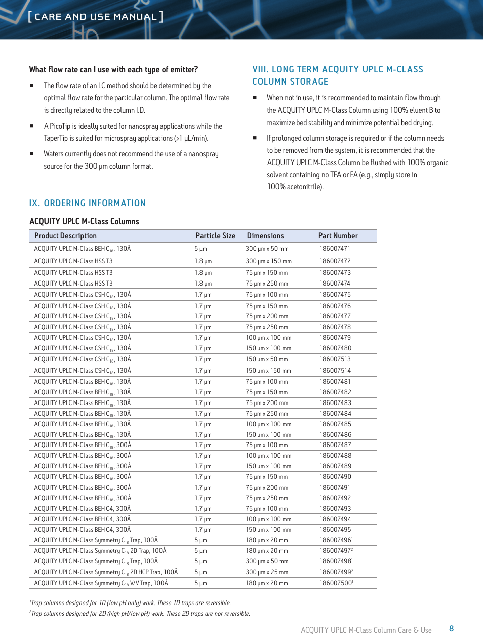 Care and use manual, What flow rate can i use with each type of emitter | Waters ACQUITY UPLC M-Class Columns User Manual | Page 8 / 9