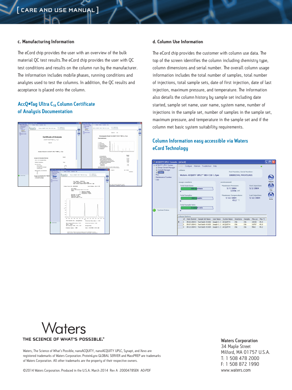 Care and use manual | Waters AccQ-Tag Ultra C18 Column User Manual | Page 3 / 3