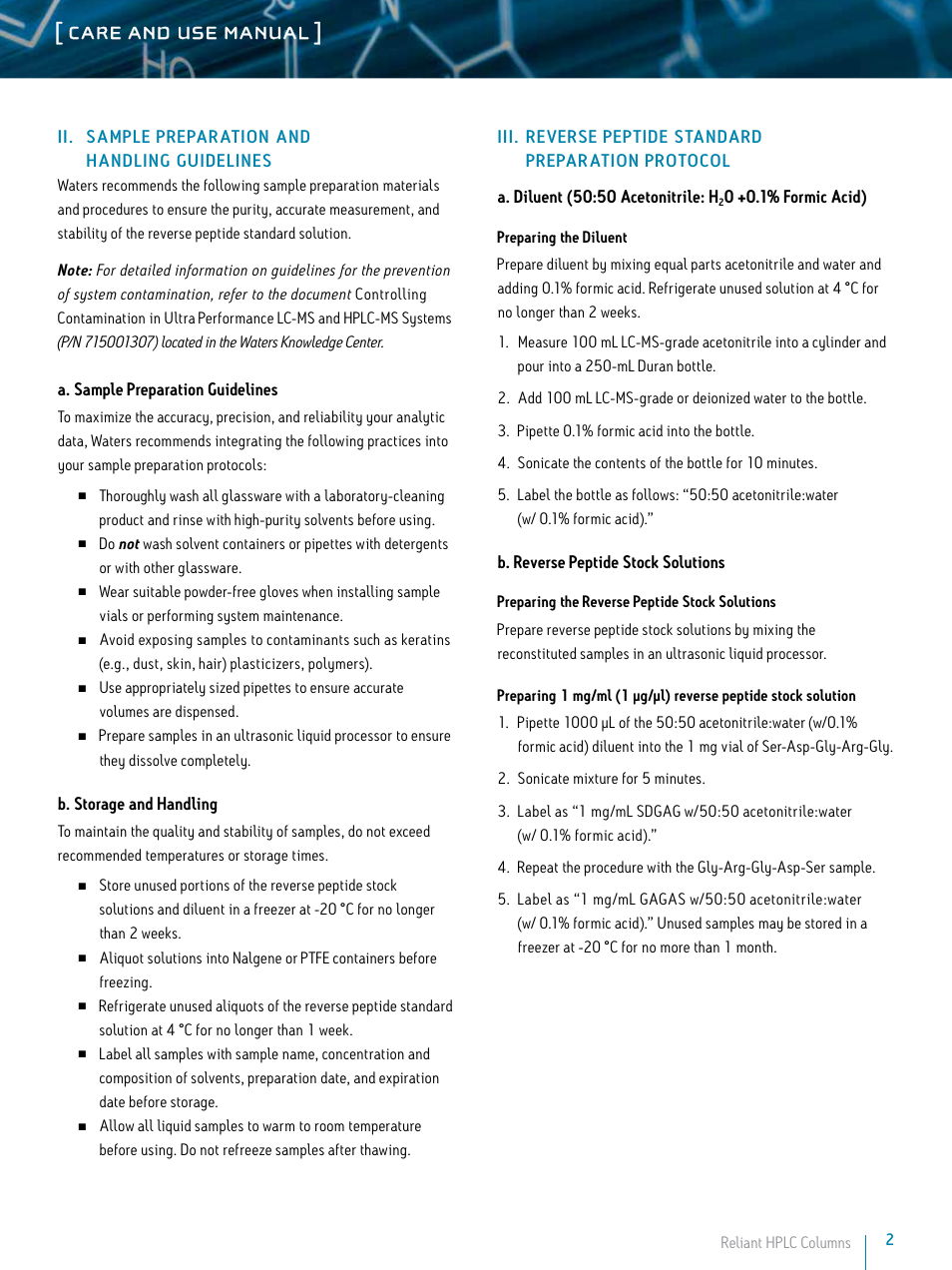 Care and use manual | Waters Reverse Peptide Kit User Manual | Page 2 / 4