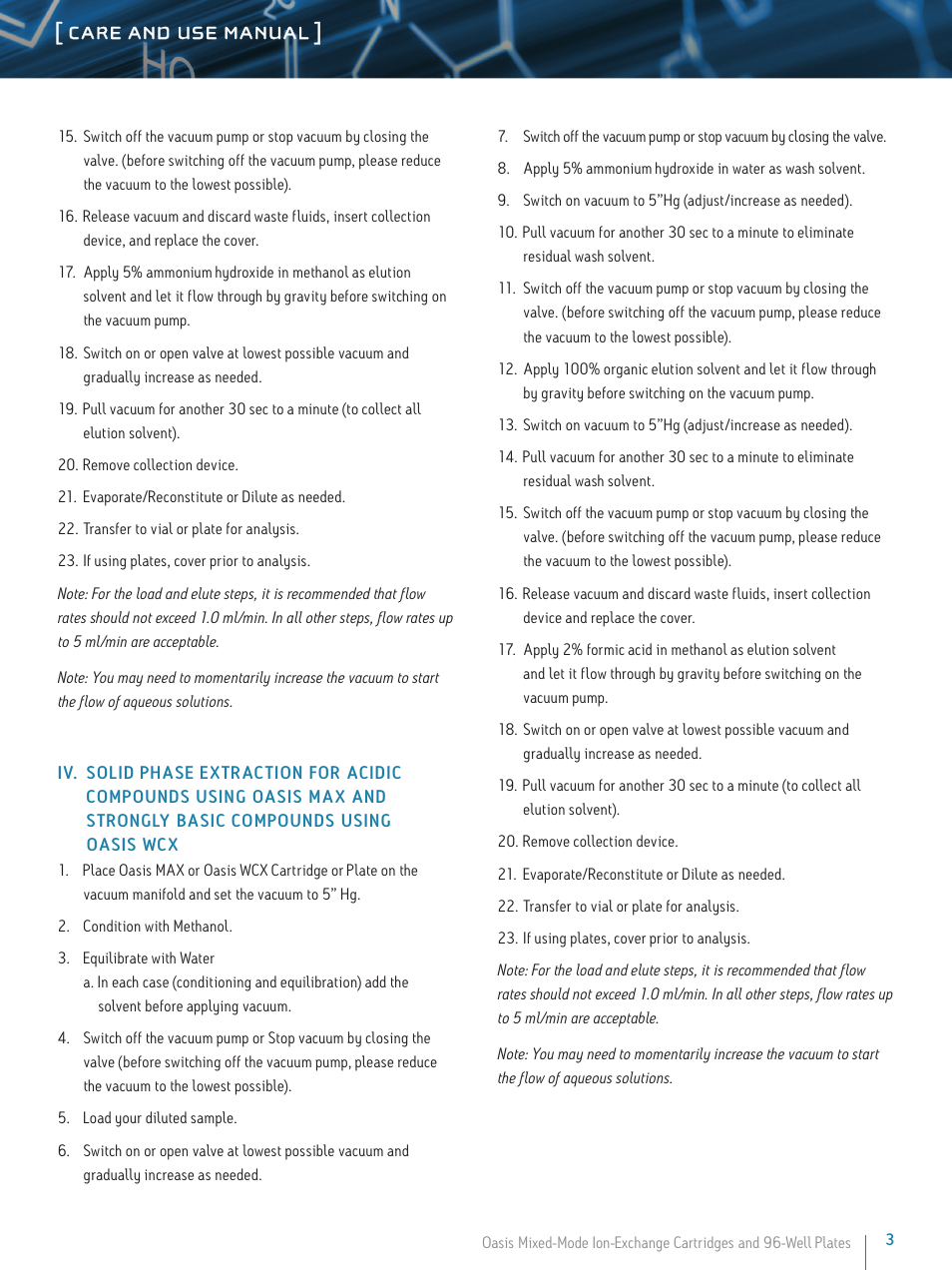 Care and use manual | Waters Oasis Mixed-Mode Ion-Exchange Cartridges and 96-Well Plates User Manual | Page 3 / 6