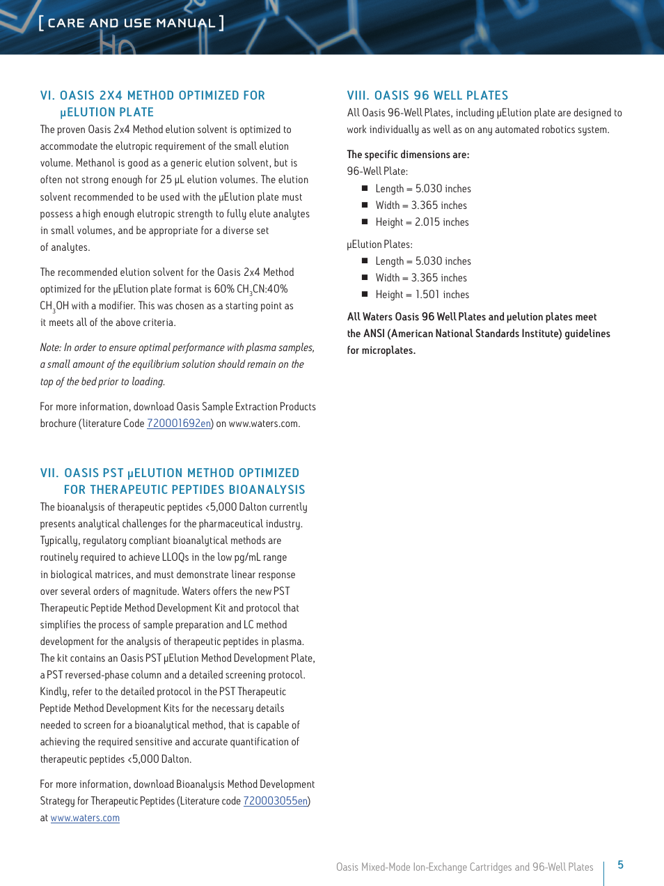 Care and use manual | Waters Oasis Mixed-Mode Ion-Exchange Cartridges and 96-Well Plates User Manual | Page 5 / 6