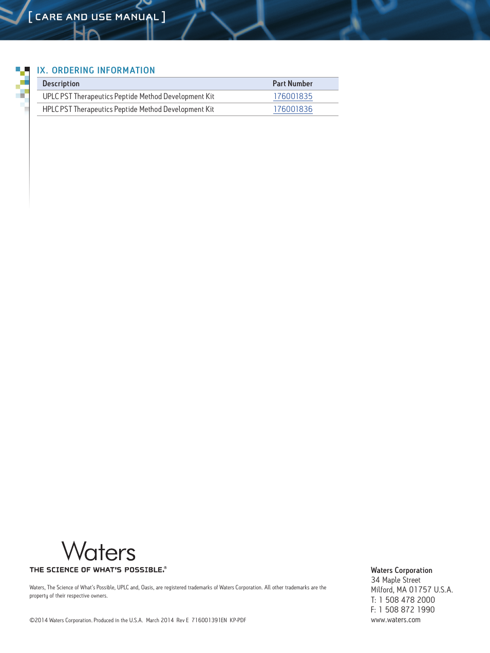 Care and use manual | Waters Oasis Mixed-Mode Ion-Exchange Cartridges and 96-Well Plates User Manual | Page 6 / 6